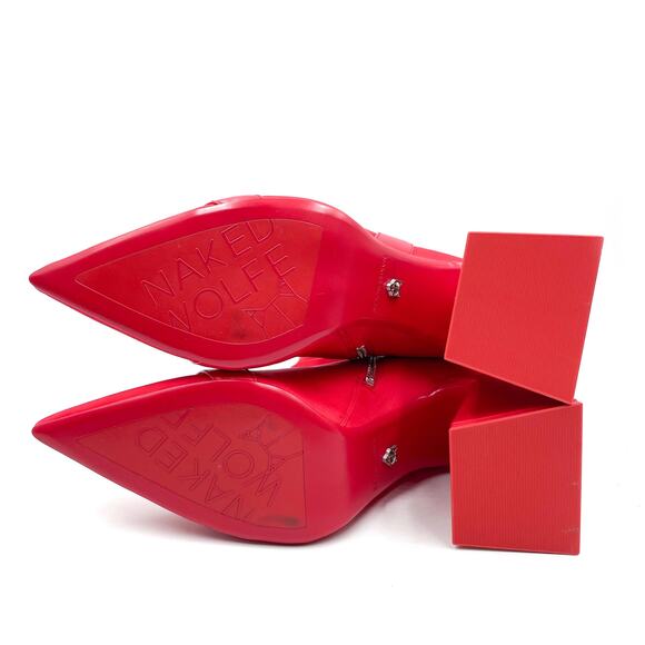 Naked Wolfe Viva Satin Boots Red Pointed Toe Block Heel Ankle Logo Sz 10 - Picture 8 of 10